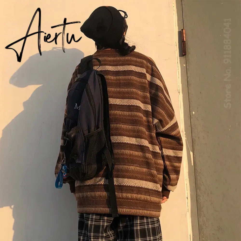 Aiertu  Autumn Pullover Women Vintage Striped Oversize Sweater Long Sleeve Knitted Tops Hip Hop  Streetwear Pullover Female Aiertu