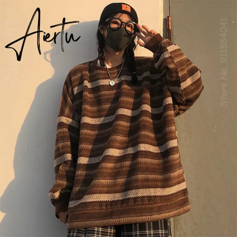 Aiertu  Autumn Pullover Women Vintage Striped Oversize Sweater Long Sleeve Knitted Tops Hip Hop  Streetwear Pullover Female Aiertu