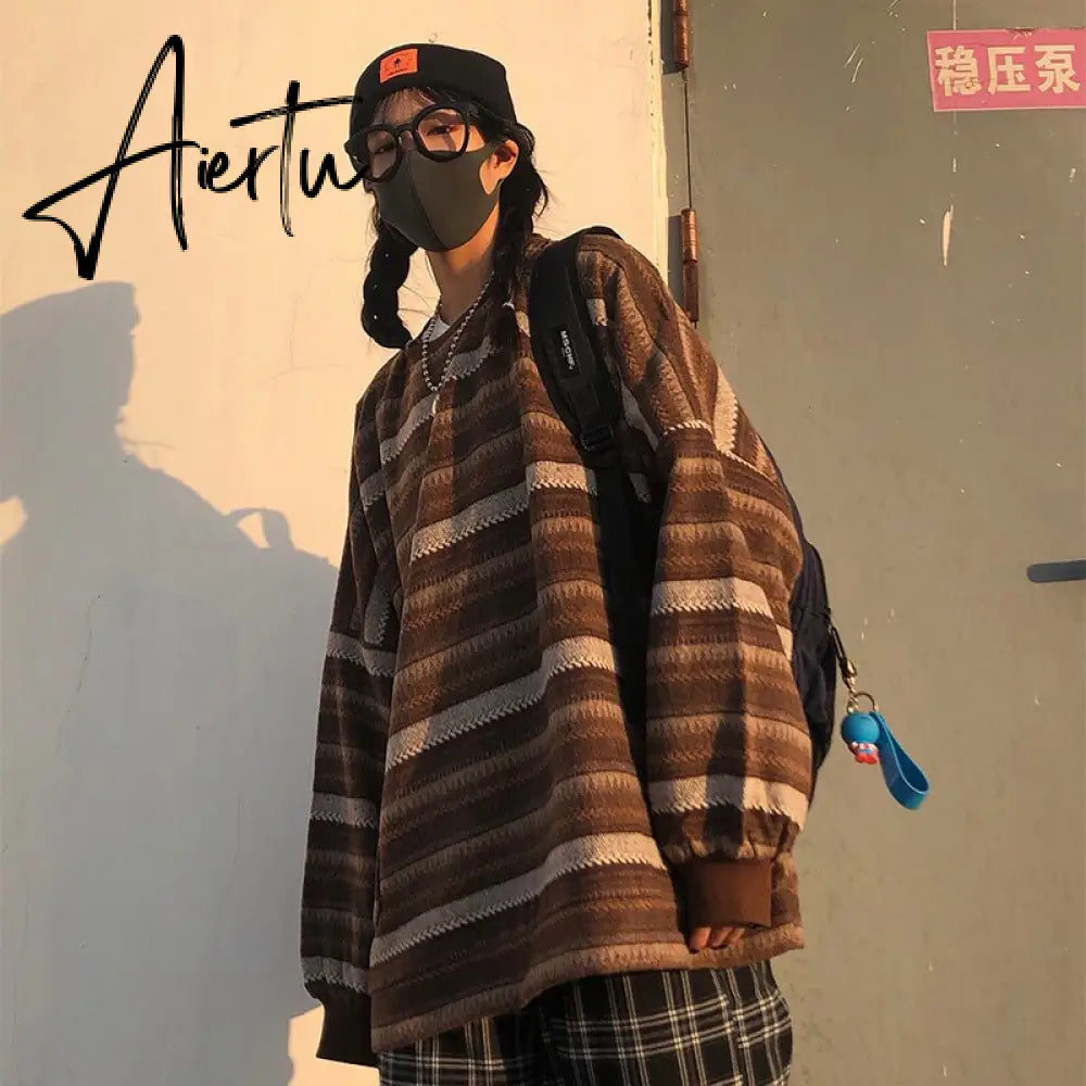 Aiertu  Autumn Pullover Women Vintage Striped Oversize Sweater Long Sleeve Knitted Tops Hip Hop  Streetwear Pullover Female Aiertu