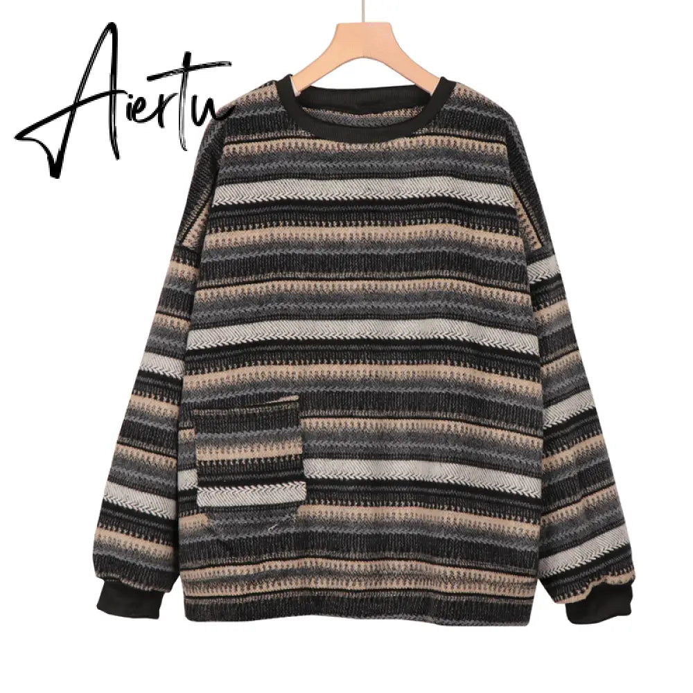 Aiertu  Autumn Pullover Women Vintage Striped Oversize Sweater Long Sleeve Knitted Tops Hip Hop  Streetwear Pullover Female Aiertu