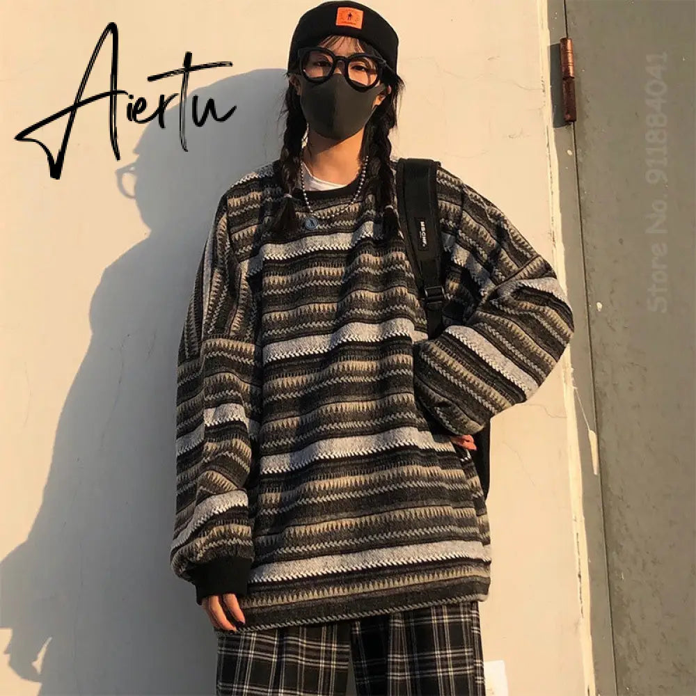 Aiertu  Autumn Pullover Women Vintage Striped Oversize Sweater Long Sleeve Knitted Tops Hip Hop  Streetwear Pullover Female Aiertu