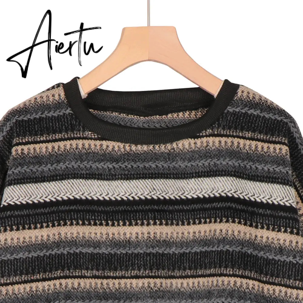 Aiertu  Autumn Pullover Women Vintage Striped Oversize Sweater Long Sleeve Knitted Tops Hip Hop  Streetwear Pullover Female Aiertu