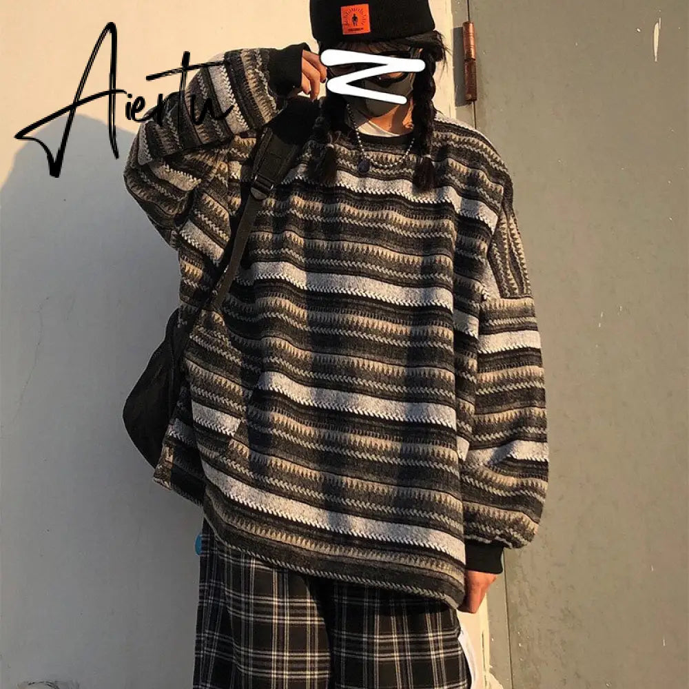 Aiertu  Autumn Pullover Women Vintage Striped Oversize Sweater Long Sleeve Knitted Tops Hip Hop  Streetwear Pullover Female Aiertu