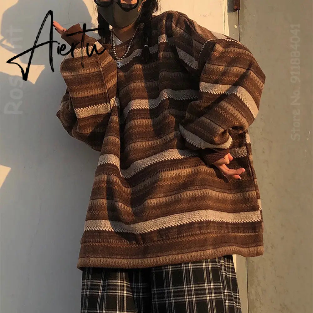 Aiertu  Autumn Pullover Women Vintage Striped Oversize Sweater Long Sleeve Knitted Tops Hip Hop  Streetwear Pullover Female Aiertu