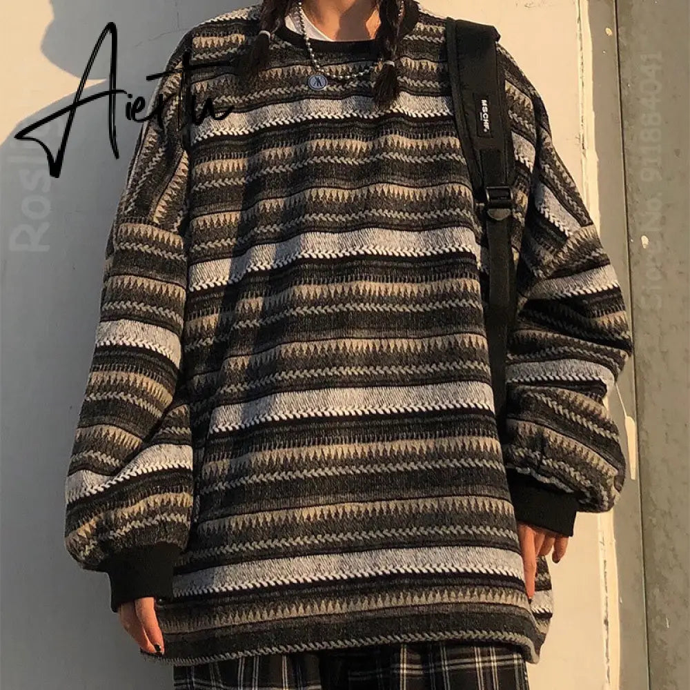 Aiertu  Autumn Pullover Women Vintage Striped Oversize Sweater Long Sleeve Knitted Tops Hip Hop  Streetwear Pullover Female Aiertu