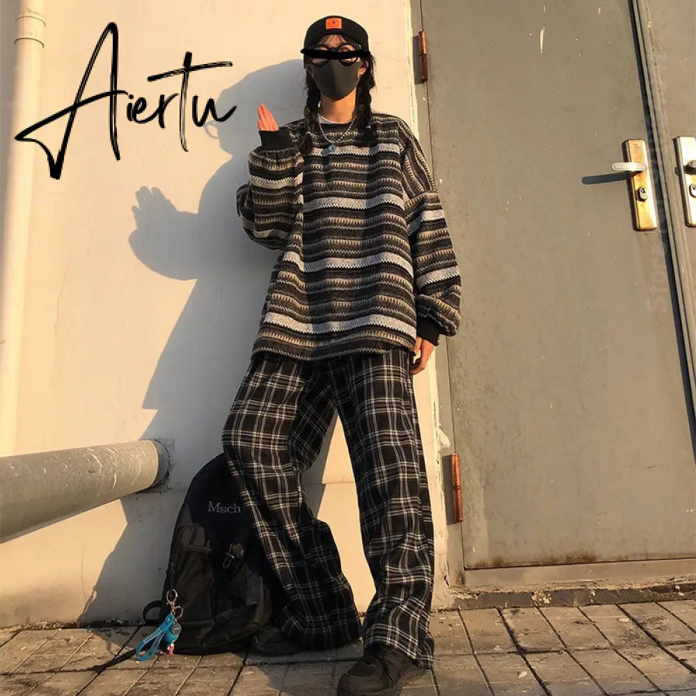 Aiertu  Autumn Pullover Women Vintage Striped Oversize Sweater Long Sleeve Knitted Tops Hip Hop  Streetwear Pullover Female Aiertu