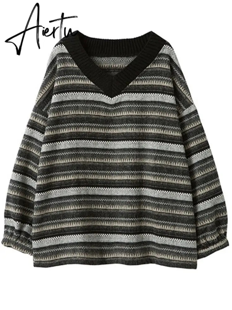 Aiertu  Autumn Pullover Women Vintage Striped Oversize Sweater Long Sleeve Knitted Tops Hip Hop  Streetwear Pullover Female Aiertu