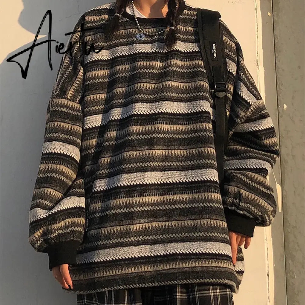 Aiertu  Autumn Pullover Women Vintage Striped Oversize Sweater Long Sleeve Knitted Tops Hip Hop  Streetwear Pullover Female Aiertu