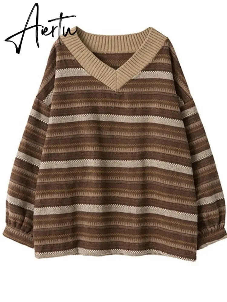 Aiertu  Autumn Pullover Women Vintage Striped Oversize Sweater Long Sleeve Knitted Tops Hip Hop  Streetwear Pullover Female Aiertu