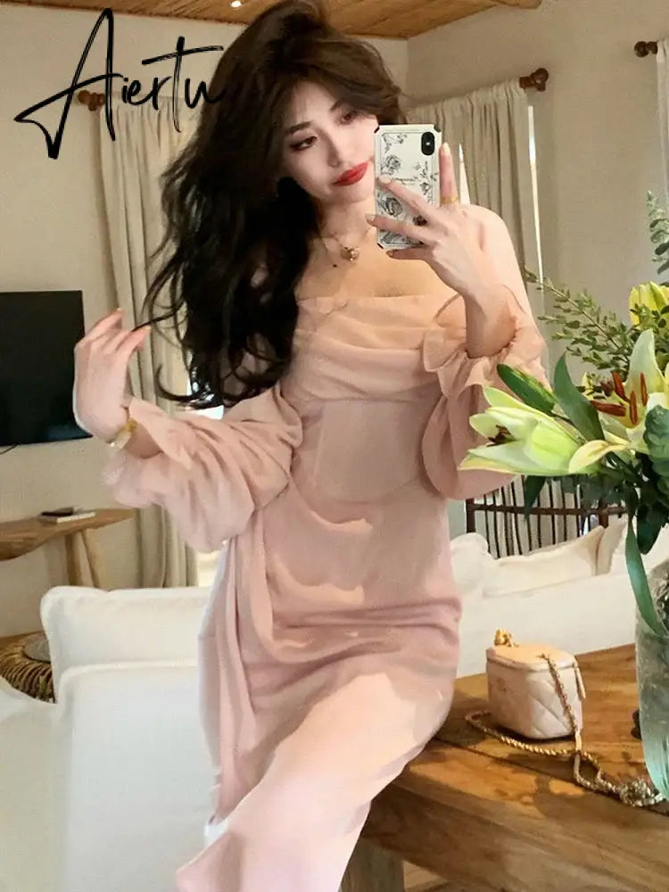 Aiertu  Autumn Solid Elegant Fairy Dresses Women Casual Party Fashion Korean One Piece Dress Female Lace Vintage Chic Midi Dresses Aiertu