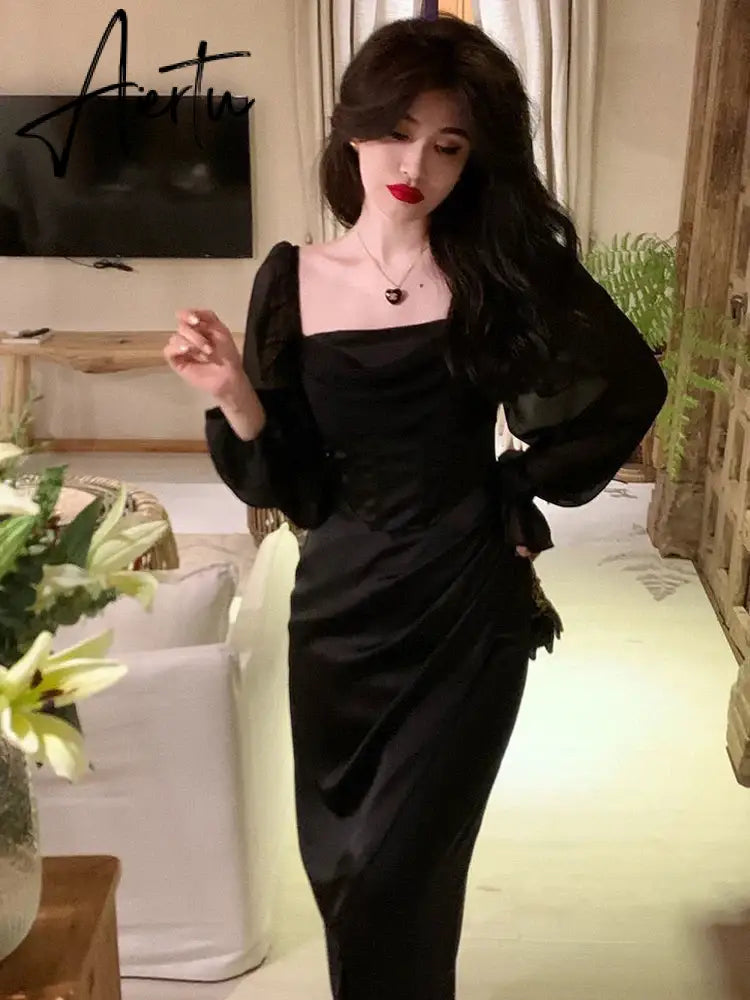Aiertu  Autumn Solid Elegant Fairy Dresses Women Casual Party Fashion Korean One Piece Dress Female Lace Vintage Chic Midi Dresses Aiertu