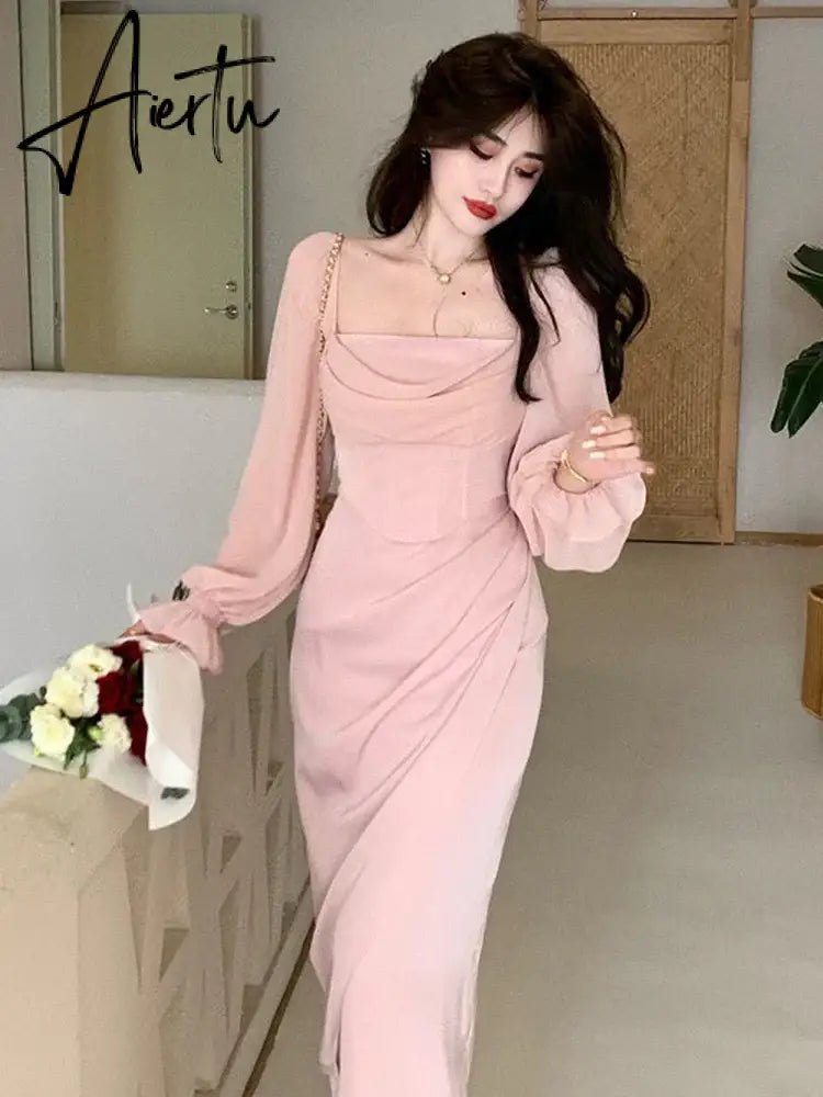 Aiertu  Autumn Solid Elegant Fairy Dresses Women Casual Party Fashion Korean One Piece Dress Female Lace Vintage Chic Midi Dresses Aiertu