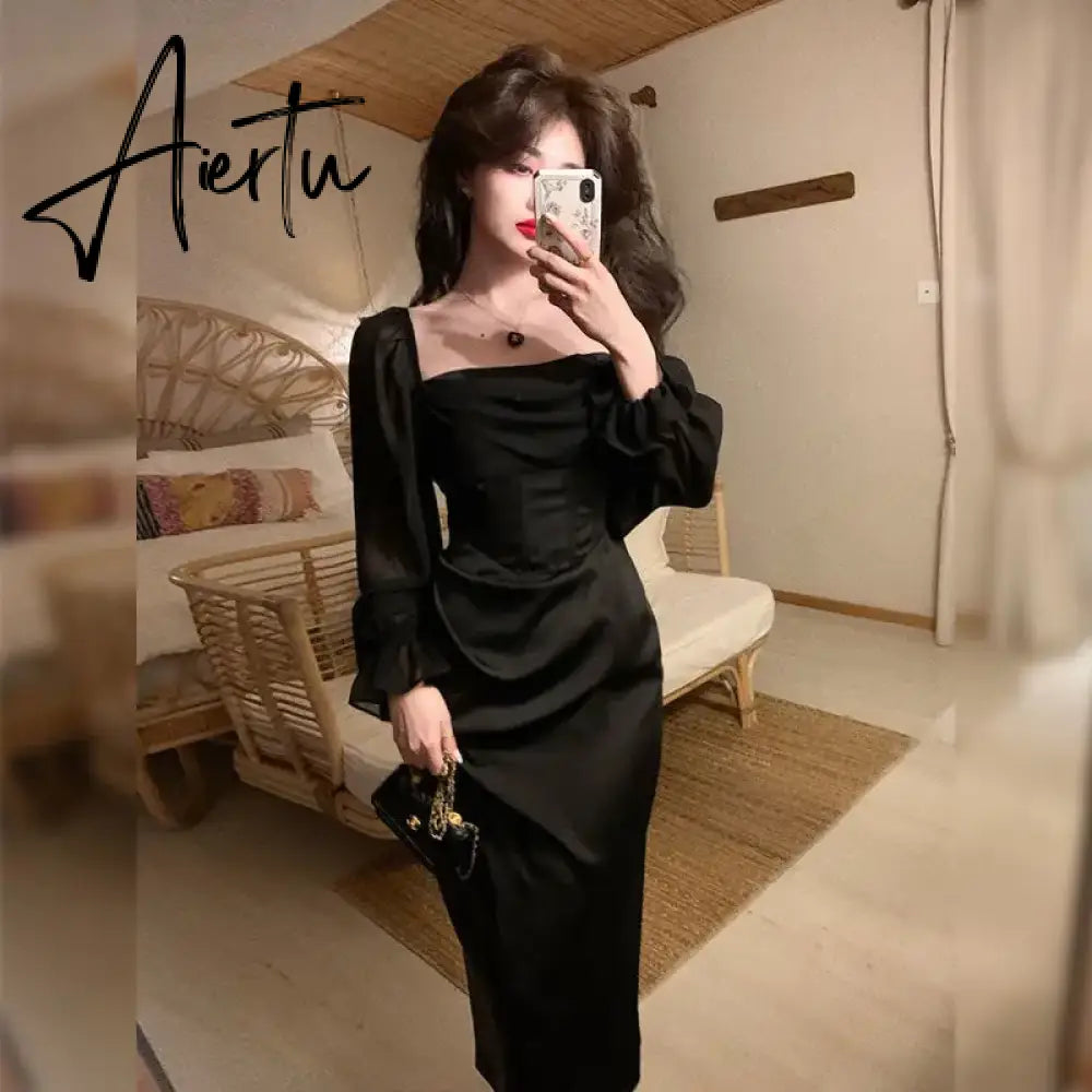 Aiertu  Autumn Solid Elegant Fairy Dresses Women Casual Party Fashion Korean One Piece Dress Female Lace Vintage Chic Midi Dresses Aiertu