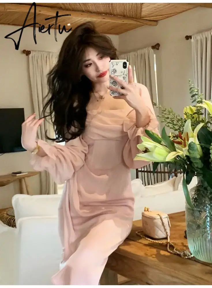 Aiertu  Autumn Solid Elegant Fairy Dresses Women Casual Party Fashion Korean One Piece Dress Female Lace Vintage Chic Midi Dresses Aiertu
