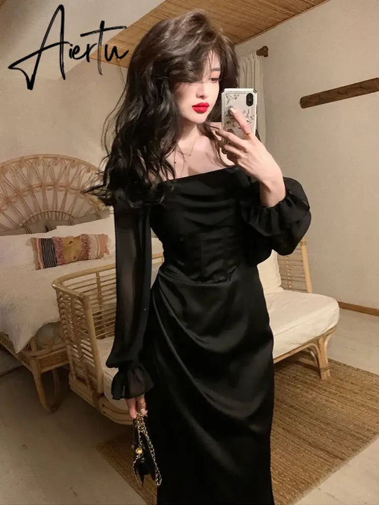 Aiertu  Autumn Solid Elegant Fairy Dresses Women Casual Party Fashion Korean One Piece Dress Female Lace Vintage Chic Midi Dresses Aiertu