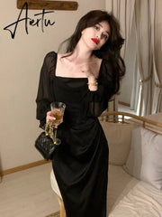 Aiertu  Autumn Solid Elegant Fairy Dresses Women Casual Party Fashion Korean One Piece Dress Female Lace Vintage Chic Midi Dresses Aiertu