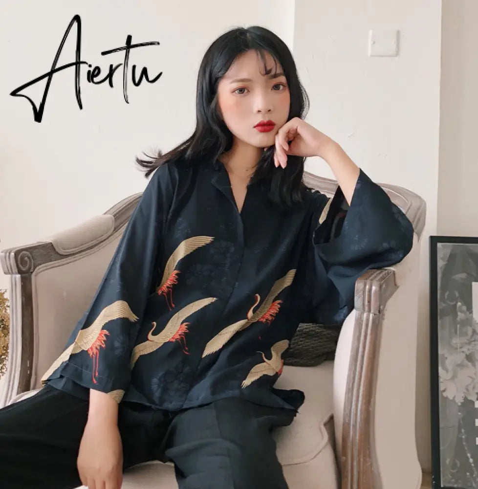 Aiertu Autumn Vintage Japanese Blouse Women V Neck Loose Top Femme Crane Print Black Fall Blouse Clothing Aiertu