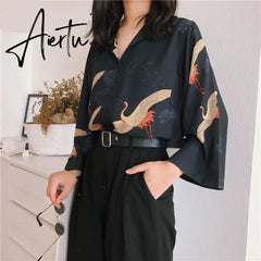 Aiertu Autumn Vintage Japanese Blouse Women V Neck Loose Top Femme Crane Print Black Fall Blouse Clothing Aiertu