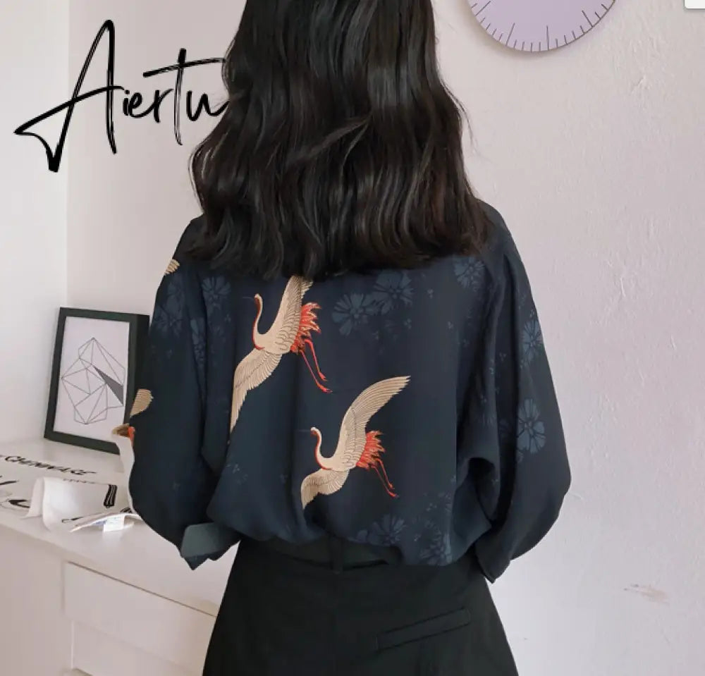 Aiertu Autumn Vintage Japanese Blouse Women V Neck Loose Top Femme Crane Print Black Fall Blouse Clothing Aiertu