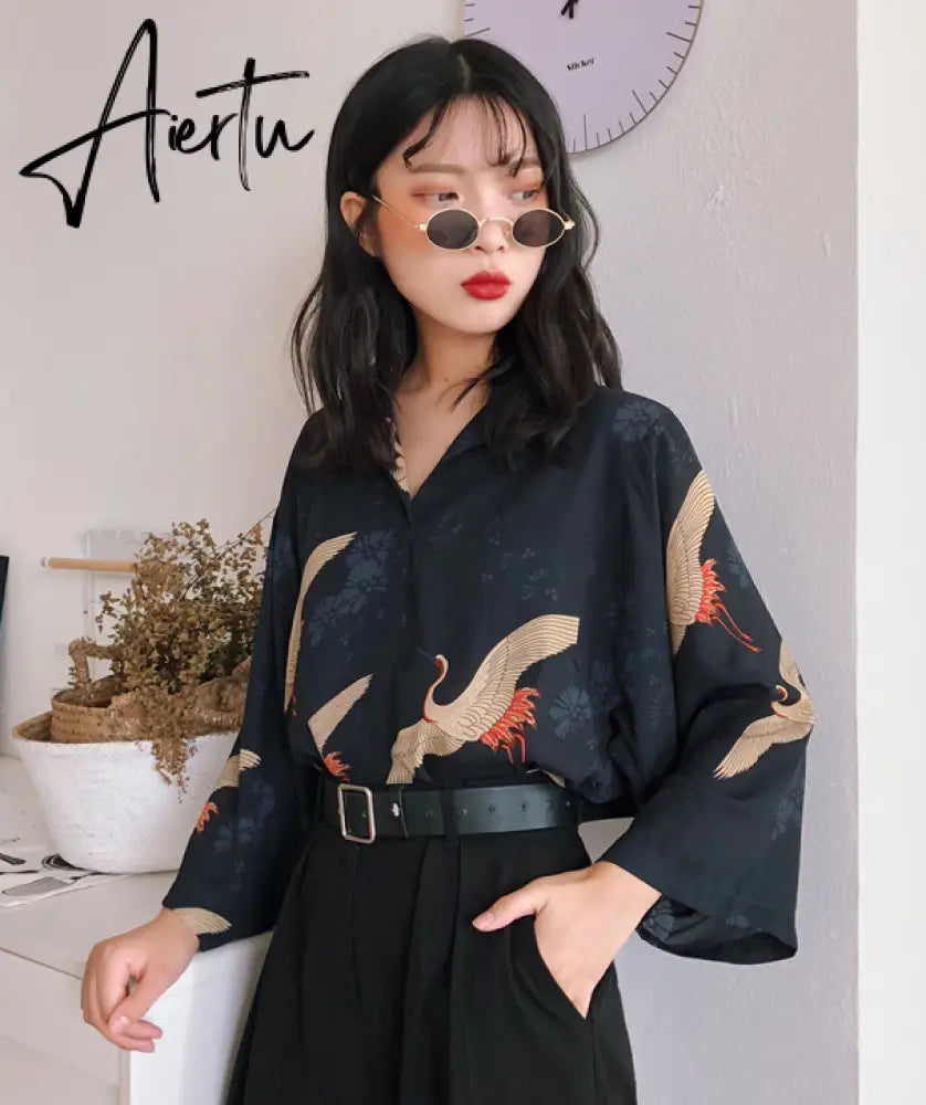 Aiertu Autumn Vintage Japanese Blouse Women V Neck Loose Top Femme Crane Print Black Fall Blouse Clothing Aiertu