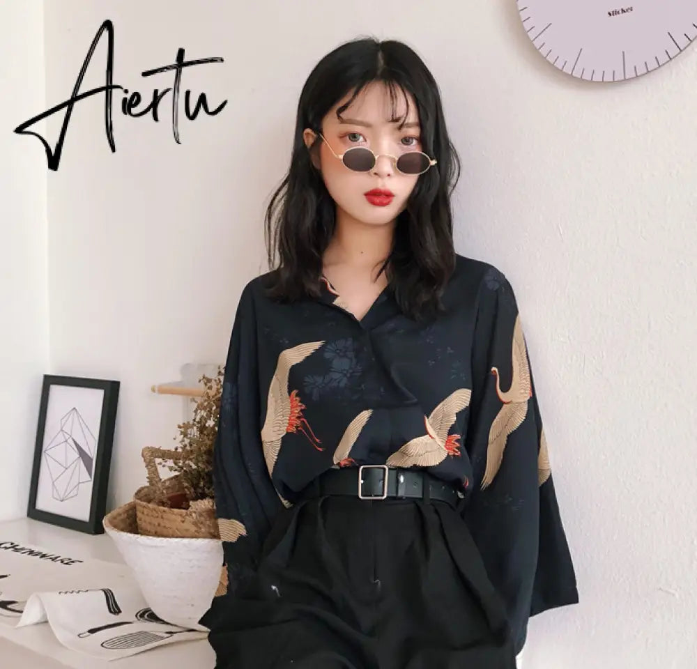 Aiertu Autumn Vintage Japanese Blouse Women V Neck Loose Top Femme Crane Print Black Fall Blouse Clothing Aiertu