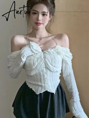 Aiertu Autumn White Sexy Kawaii Blouse Women Korean Fashion Elegant Party Slim Tops Female Ruffle Flounce Designer Casual Blouse 2023 Aiertu