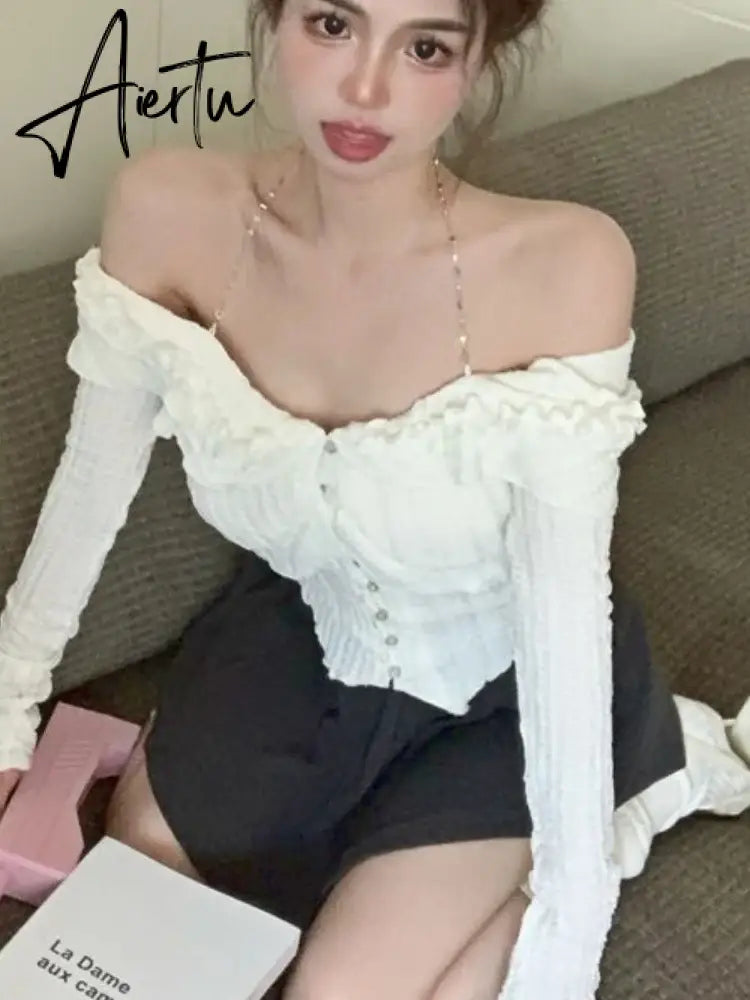 Aiertu Autumn White Sexy Kawaii Blouse Women Korean Fashion Elegant Party Slim Tops Female Ruffle Flounce Designer Casual Blouse 2023 Aiertu