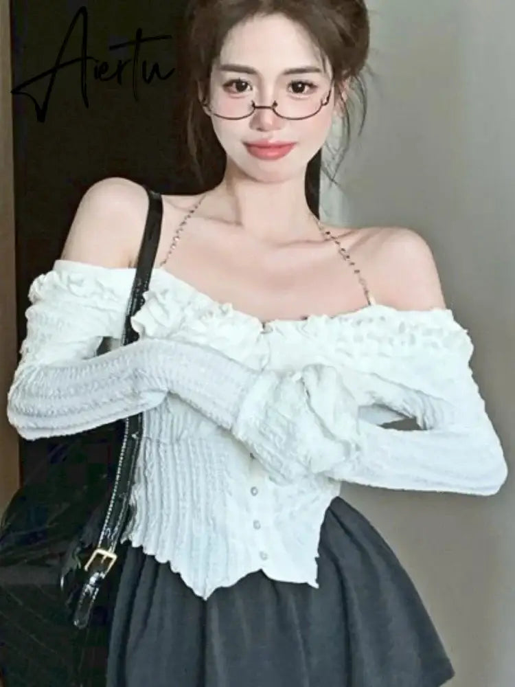 Aiertu Autumn White Sexy Kawaii Blouse Women Korean Fashion Elegant Party Slim Tops Female Ruffle Flounce Designer Casual Blouse 2023 Aiertu