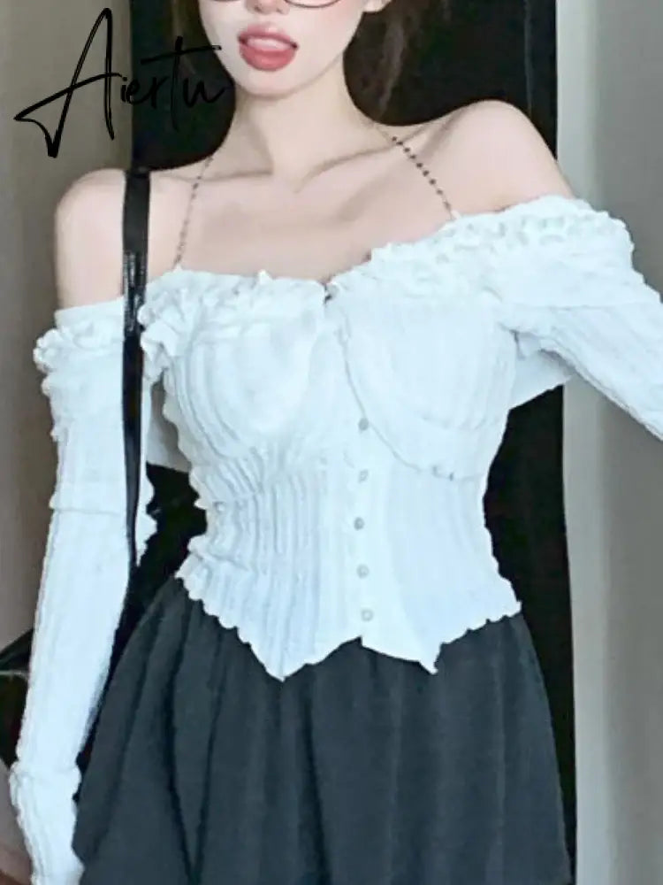 Aiertu Autumn White Sexy Kawaii Blouse Women Korean Fashion Elegant Party Slim Tops Female Ruffle Flounce Designer Casual Blouse 2023 Aiertu