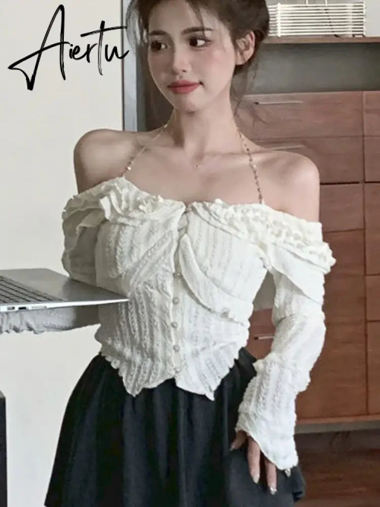 Aiertu Autumn White Sexy Kawaii Blouse Women Korean Fashion Elegant Party Slim Tops Female Ruffle Flounce Designer Casual Blouse 2023 Aiertu