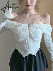Aiertu Autumn White Sexy Kawaii Blouse Women Korean Fashion Elegant Party Slim Tops Female Ruffle Flounce Designer Casual Blouse 2023 Aiertu