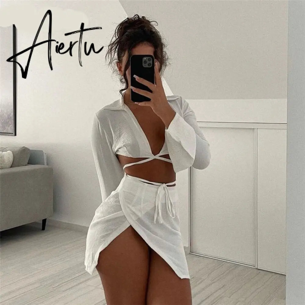 Aiertu Autumn Winter 2 Piece Lace Up Long Sleeve Crop Top Slit Mini Skirt Set Matching Co Ords Party Club Fashion Outfit Aiertu