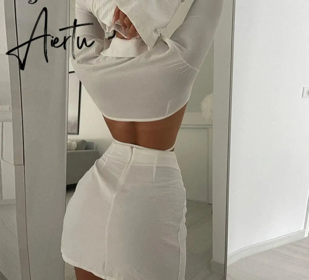 Aiertu Autumn Winter 2 Piece Lace Up Long Sleeve Crop Top Slit Mini Skirt Set Matching Co Ords Party Club Fashion Outfit Aiertu