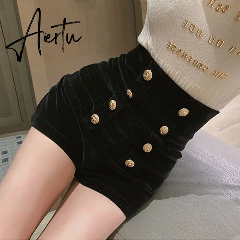 Aiertu Autumn Winter High Waist Velvet Wide Leg Shorts Women Chic Double Breasted Short Pants Fashion Sexy Bottoms Casual Ropa Mujer Aiertu