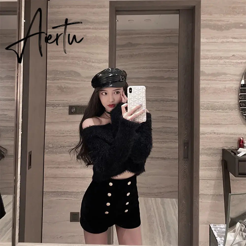 Aiertu Autumn Winter High Waist Velvet Wide Leg Shorts Women Chic Double Breasted Short Pants Fashion Sexy Bottoms Casual Ropa Mujer Aiertu