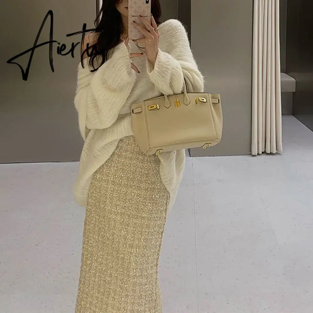 Aiertu Autumn Winter Small Fragrance Wind Tweed Skirt Women Fashion High Waist Ladies Business Skirts Woman Korean One Step Skirt Aiertu