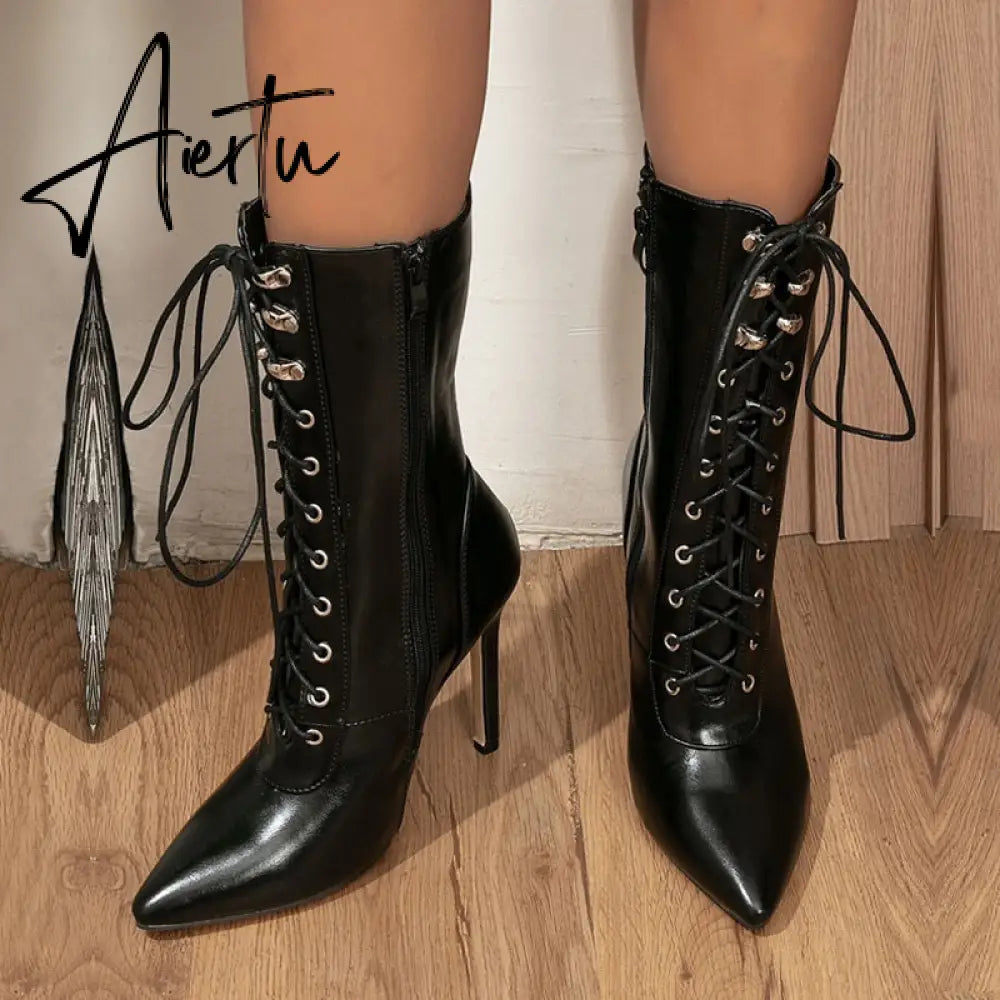 Aiertu Autumn Winter Women Ankle Boots Sexy Pointed Toe Pole Dance High Heels Pumps Fashion Zip Lace-Up Chelsea Shoes Female Size 35-43 Aiertu