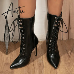 Aiertu Autumn Winter Women Ankle Boots Sexy Pointed Toe Pole Dance High Heels Pumps Fashion Zip Lace-Up Chelsea Shoes Female Size 35-43 Aiertu