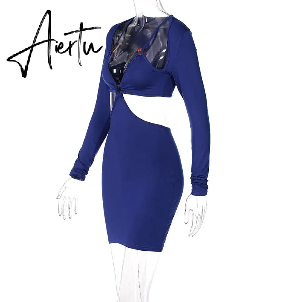 Aiertu Autumn Winter Women Hollow Out Patchwork Long Sleeve Midi Dress Revealing Neck Bodycon Sexy Casual Streetwear Y2K Aiertu