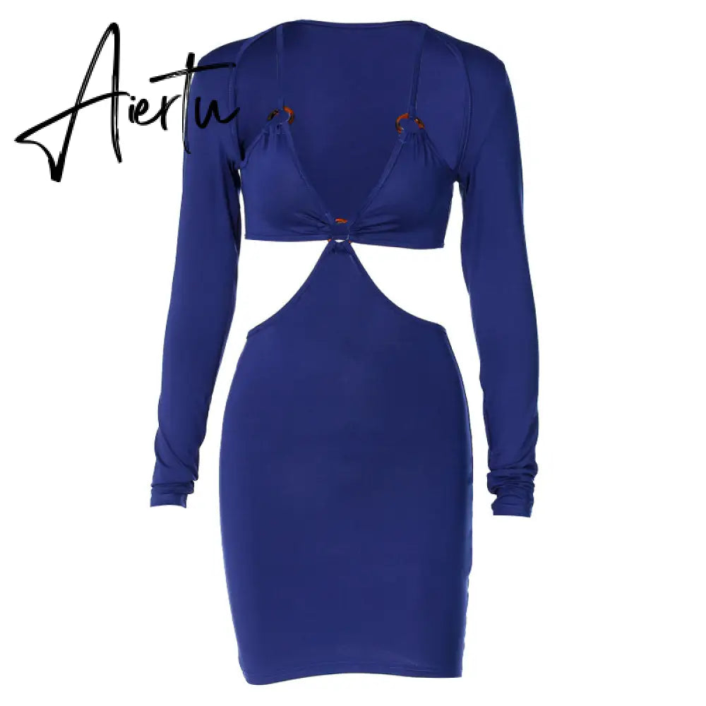 Aiertu Autumn Winter Women Hollow Out Patchwork Long Sleeve Midi Dress Revealing Neck Bodycon Sexy Casual Streetwear Y2K Aiertu