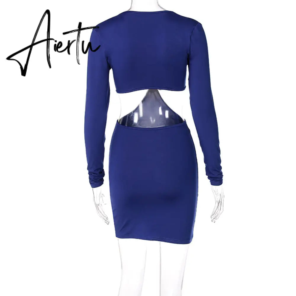 Aiertu Autumn Winter Women Hollow Out Patchwork Long Sleeve Midi Dress Revealing Neck Bodycon Sexy Casual Streetwear Y2K Aiertu