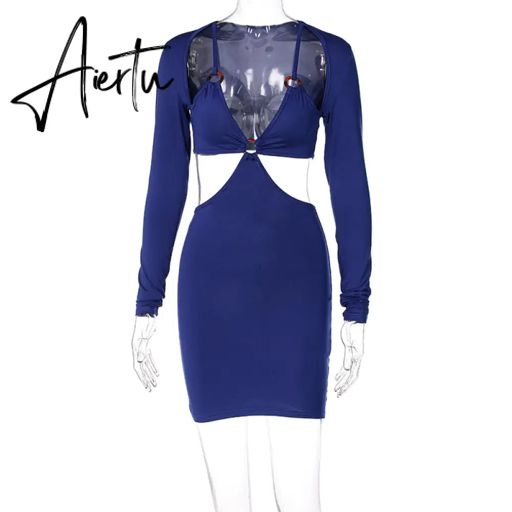 Aiertu Autumn Winter Women Hollow Out Patchwork Long Sleeve Midi Dress Revealing Neck Bodycon Sexy Casual Streetwear Y2K Aiertu