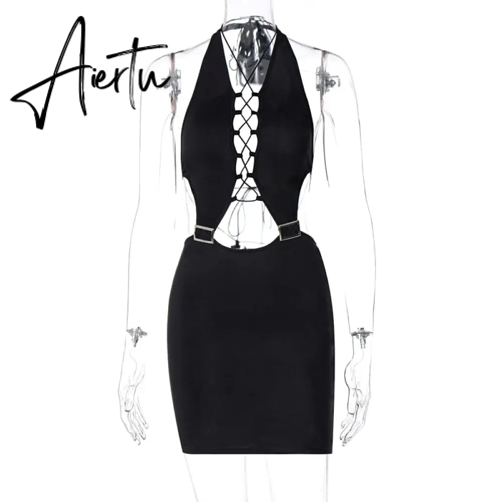 Aiertu Bandage Halter Backless Sexy Mini Dress Summer Women Fashion Streetwear Bodycon Y2K Chic Outfits Aiertu