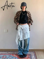 Aiertu Bandage Irregular Lace Skirts Vintage Women Streetwear Hollow Out Trendy Fairy Faldas Harajuku Grunge Casual Skirt Y2k Aesthetic Aiertu
