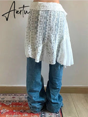 Aiertu Bandage Irregular Lace Skirts Vintage Women Streetwear Hollow Out Trendy Fairy Faldas Harajuku Grunge Casual Skirt Y2k Aesthetic Aiertu