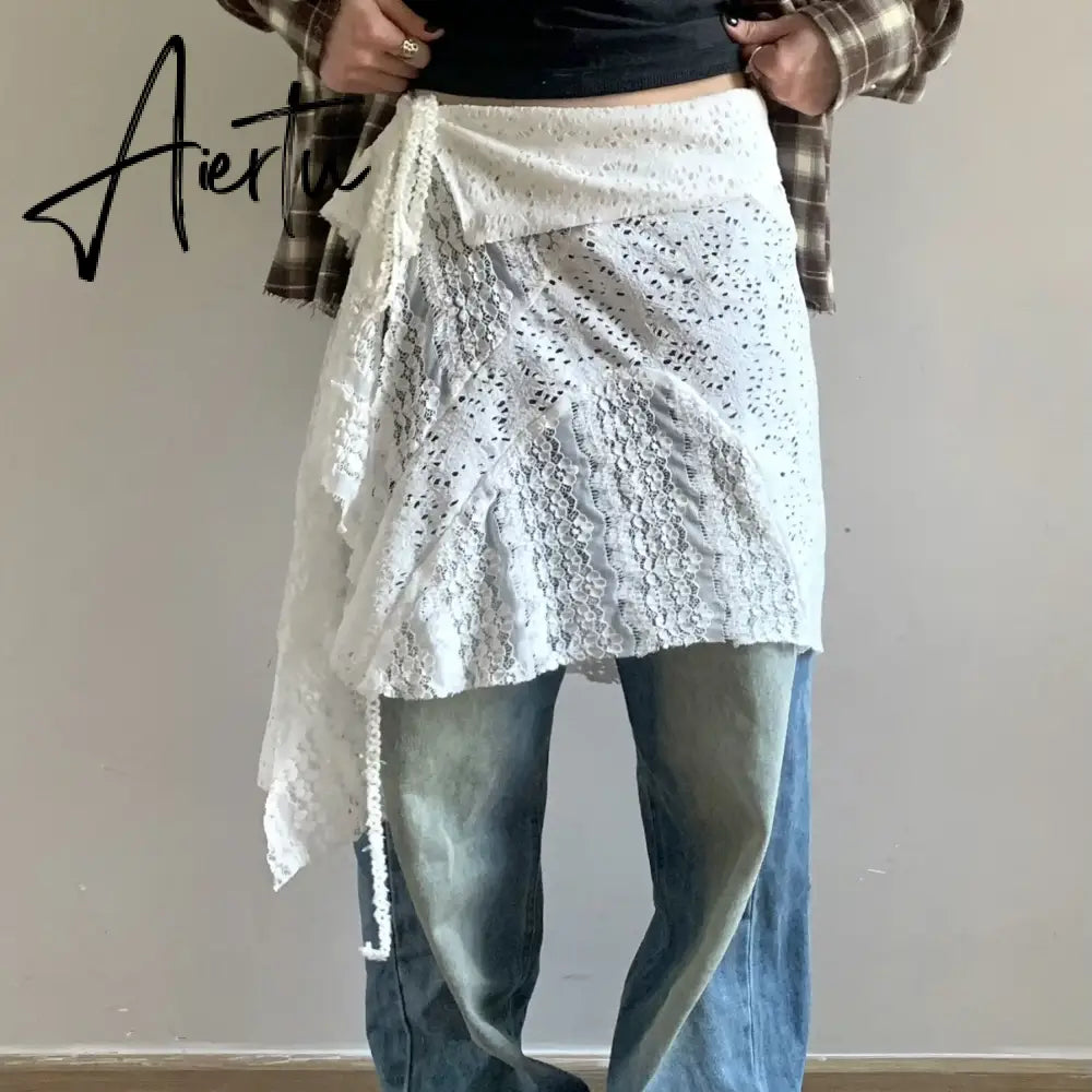 Aiertu Bandage Irregular Lace Skirts Vintage Women Streetwear Hollow Out Trendy Fairy Faldas Harajuku Grunge Casual Skirt Y2k Aesthetic Aiertu