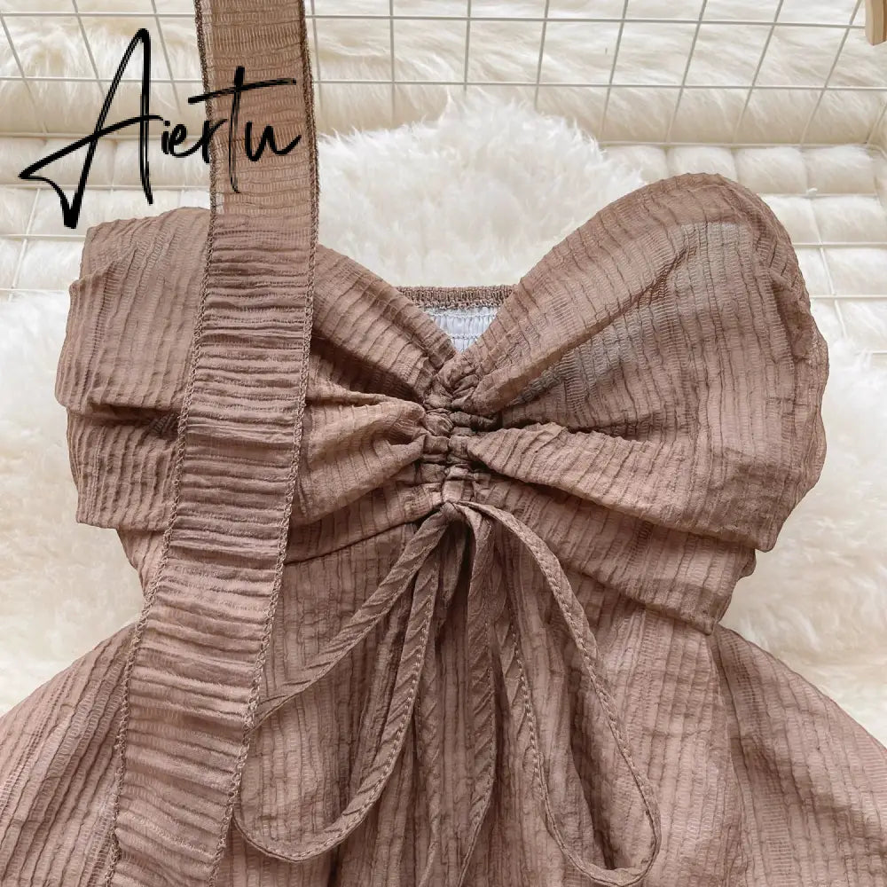 Aiertu Beach Style Chiffon Tube Top Halter Ribbons Drawstring Lace Up Bow Off Shoulder Backless Fashion Streetwear Sexy Vest Aiertu