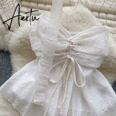 Aiertu Beach Style Chiffon Tube Top Halter Ribbons Drawstring Lace Up Bow Off Shoulder Backless Fashion Streetwear Sexy Vest Aiertu