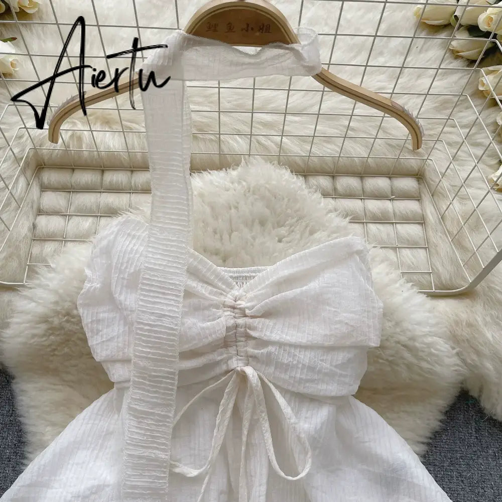 Aiertu Beach Style Chiffon Tube Top Halter Ribbons Drawstring Lace Up Bow Off Shoulder Backless Fashion Streetwear Sexy Vest Aiertu