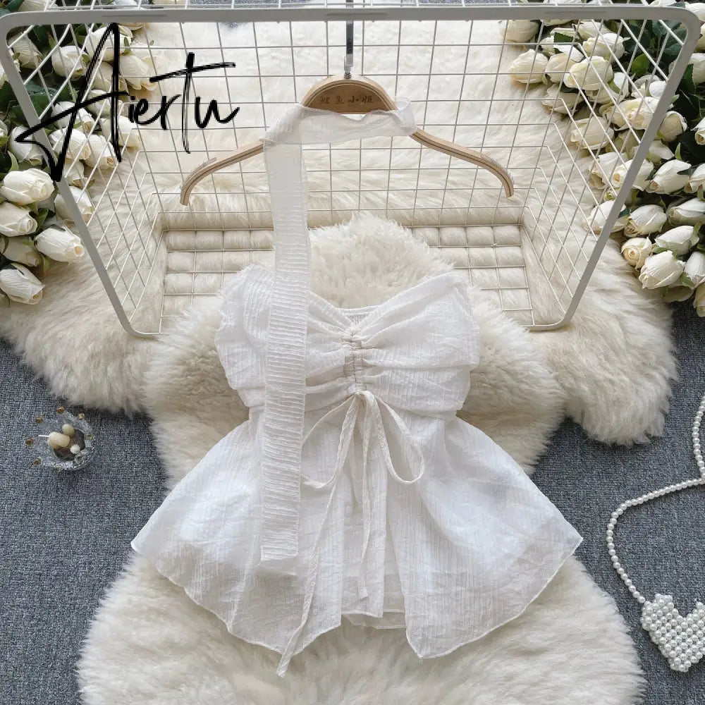 Aiertu Beach Style Chiffon Tube Top Halter Ribbons Drawstring Lace Up Bow Off Shoulder Backless Fashion Streetwear Sexy Vest Aiertu